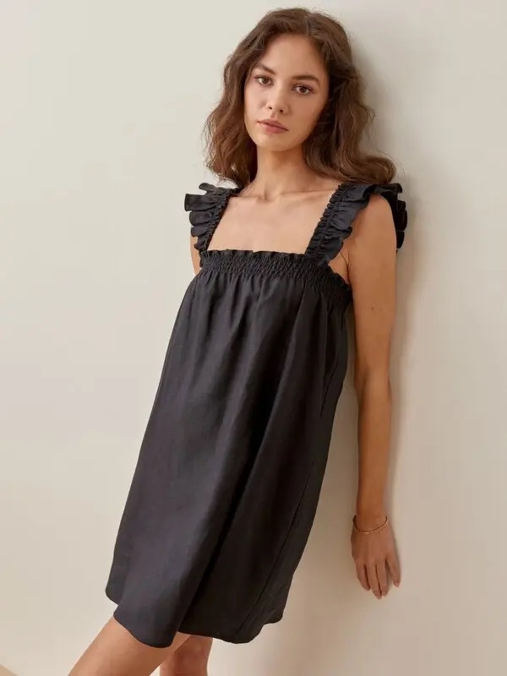 Reformation Albany Linen Black Ruffled Strap Sundress Size Medium NWOT
